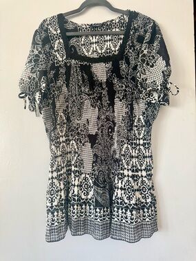🇨🇦Penningtons Black & White Paisley Pleated Tunic Blouse | Whimsigoth Y2K